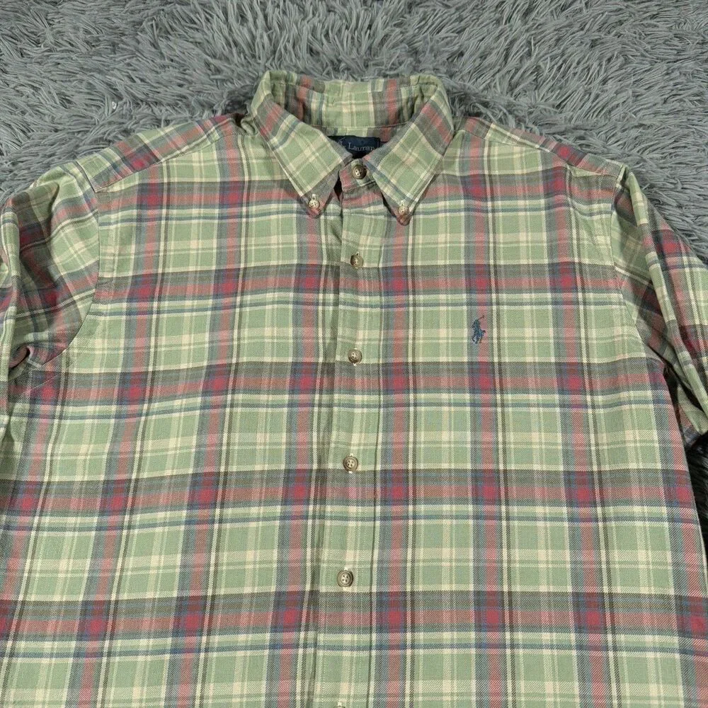 Polo Ralph Lauren Shirt Large Green Blue Button Down Plaid Classic Fit Mens